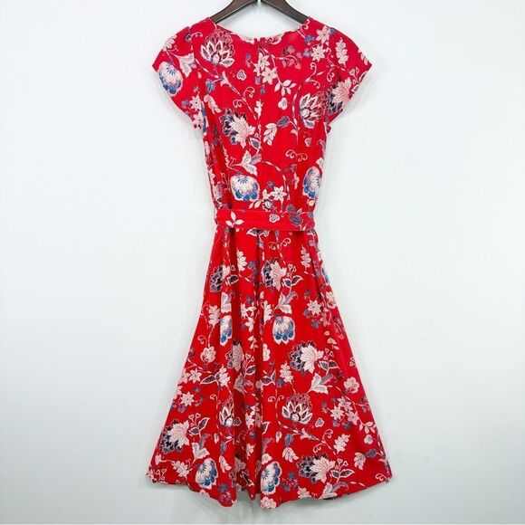 Talbots Red Blue Cream Floral Print V Neck Button Front Sash Waist Dress - Picture 11 of 16